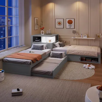 Produktbild von Merax Kinderbett 90x200 cm, Tagesbett Plattformbett L-Form mit Ausziehbett, Stauraum Schiebetüren, LED Nachtlicht, Jugendbett, Grau