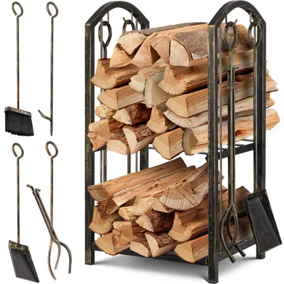 Image de Ensemble de 5 pièces KESSER® : support à bois de cheminée, porte-bûches, étagère à bois de chauffage pour l'intérieur et l'extérieur, en métal, 2 niveaux, avec 4 outils pour cheminée et poêle, acier, 40 x 30 x 74,5 cm, réglable