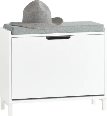 A white shoe cabinet with a gray upholstered top and a gray hat placed on top.