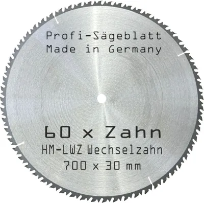 Produktbild von Hartmetall-Kreissägeblatt – 60 ZAHN - Ø 700 x 30 mm LWZ Wechsel-Zahn HM WZ Präzisions-Sägeblatt mit Spanabweiser für Hartholz  Naturholz Brennholz Leimholz Kappsäge Wippsäge Tischkreissäge