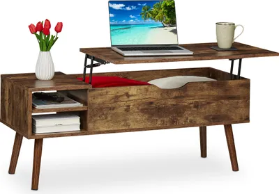 Produktbild von Relaxdays Couchtisch aufklappbar, 2 Seitenfächer, Wohnzimmertisch mit Stauraum, Industrial-Design, 45x108x40 cm, braun