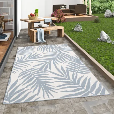 Produktbild von In & Outdoor Teppich Flachgewebe Marbella Blau Creme Blätter, Größe:80x150 cm