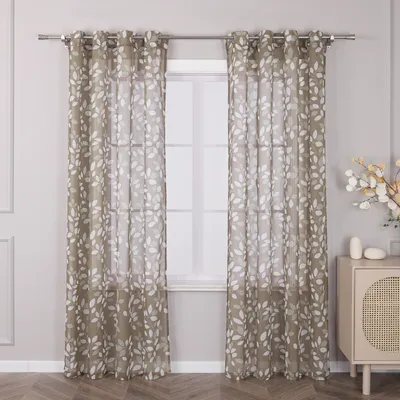 Produktbild von Joyswahl Vorhang mit Ösen Voile Gardinen mit Blattmuster für Schlafzimmer Wohnzimmer, transparent Braun HxB 145x140 cm 1 Stück