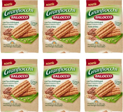 Produktbild von 6x Balocco Granfiocchi Biscotti Integrali Vollkornkekse Kekse Biscuits mit Vollkorn Getreideflocken und mit braunen Zucker Körnern 700g