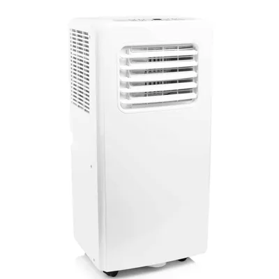 A white portable air conditioner is shown against a white background.