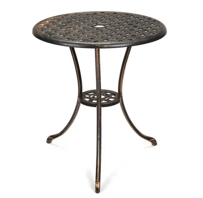 Produktbild von Runde Bistro Gartentisch 60 cm Aluminium – Terrassentisch mit Schirmloch für Balkon & Garten – Outdoor Tisch Braun