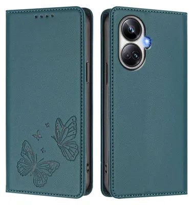 Obrázek produktu pro Kožené pouzdro pro Realme 10 Pro+, motýlí ražbou, peněženkové flip pouzdro se stojánkem Zelená