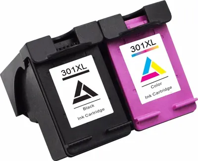 Two ink cartridges, one black and one color, are shown side-by-side.