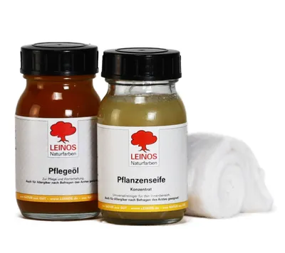 Produktbild von LEINOS Pflege-Set je 0,1 l für geölte & gewachste Möbel, Seife & Wachs
