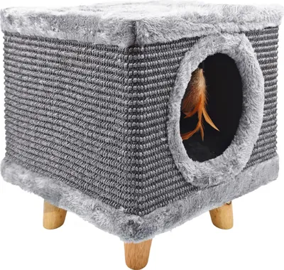 Zdjęcie produktu dla Solidny drapak dla kota, mały 38cm, szary z piórkiem i legowiskiem Cabin I