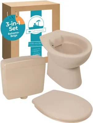 Produktbild von Calmwaters® Spülrandloses Stand WC mit waagerechtem Abgang, Komplettset mit Aufputz-Spülkasten und WC Sitz in Bahamabeige-Beige, Tiefspüler aus Sanitärkeramik, WC Sitz mit Absenkautomatik, 99000181