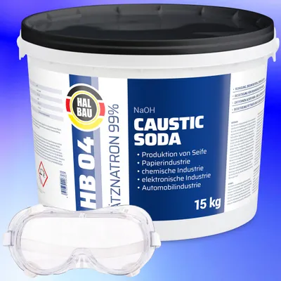 Produktbild von Rohrreiniger Ätzsoda Ölfarbentferner 15kg Eimer kaustisches Soda Natronlauge + Schutzbrille Arbeitskomfort Set HB04