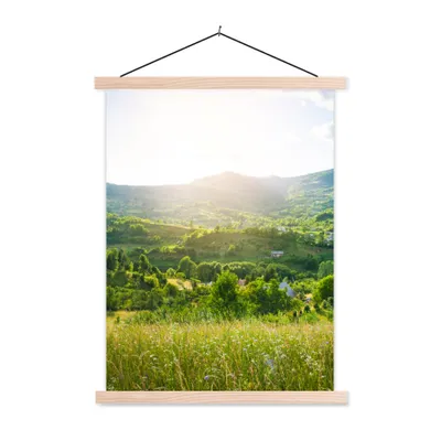 Produktbild von MuchoWow® Textilposter Wald - Landschaft - Sonne - Natur - Sonnenaufgang 60x80 cm mit holzfarbenen Rahmen - Wandbild