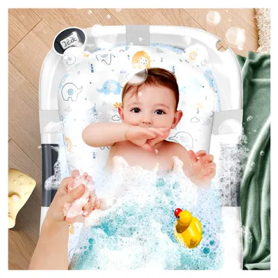 Produktbild von Baby Badewanne | Platzsparende und faltbare Babywanne | Badebecken für Neugeborene und Kleinkinder von 0-24 Monaten | Tragbare Reisedusche für Babys | Ergonomische Badewanne mit Thermostat und Kissen