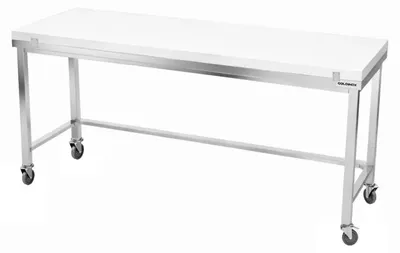 Obrázok produktu pre Pracovná doska z nehrdzavejúcej oceli, rozmer 1800 x 600 mm, s bielym pracovným povrchom a podperami na kolieskach, PREMIUM – GOLDINOX