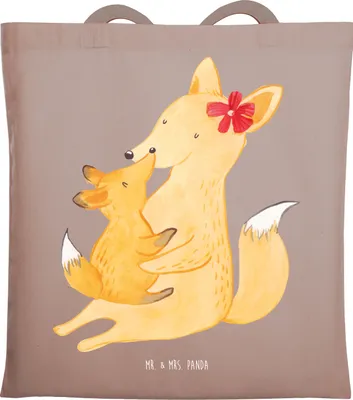 Produktbild von Mr. & Mrs. Panda Jutebeutel Fuchs Mama - Braun Pastell - Geschenk, Tote Bag, Muttertag, Mami, Schoß, Umarmen, Büchertasche, Shopping Tasche, Mutter, Beutel