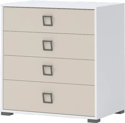 Produktbild von Moderne Kommode Benjamin 06 für das Kinderzimmer, Weiß / Creme, 89 x 84 x 56 cm, 4 Schubladen, quadratische Griffe, verstellbare Füße, Soft Close System