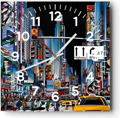 Produktbild von Wanduhr - Quadrat - Glasuhr - Manhattan New York Straße - 40x40cm - Schleichendes Uhrwerk - Lautlos - zum Aufhängen bereit - Dekoration Modern - Wanddekoration aus Glas - C4AC40x40-2720