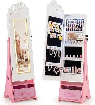 Imagen del producto de Armario para joyas infantil, armario con espejo y iluminación LED, espejo de cuerpo entero, organizador de joyas con cerradura, inclinable, con espejo interior y cajones, ideal para habitaciones infantiles, color blanco