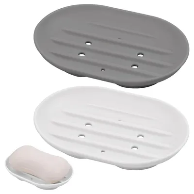 Immagine prodotto di Portasapone in silicone, forma ovale, con scarico, confezione da 2 pezzi, colore bianco e grigio