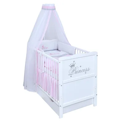 Produktbild von Baby-Delux Babybett Kinderbett Gitterbett Princess 60x120 Weiß mit Schublade 10-tlg Princess Bettwäsche Set Matratze, Beißschienen zum Schutz