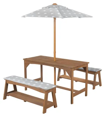 Productafbeelding van roba kinderspeelset voor buiten, inclusief 1 tafel, 2 bankjes, een "Little Stars" zonnescherm en zitkussens, gemaakt van massief teakhout