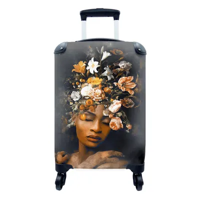 Produktbild von MuchoWow® Koffer Handgepäck Trolley Rollkoffer Kleine Reisekoffer mit 4 Rollen - Blumen - Frau - Gold - Cabin Size < 55x40x23 cm & 55x40x20 cm - Fotokoffer - Kabinenkoffer - Boardgepäck - Reise-Box - Reisekoffer - Reisegepäck - Koffer mit Bild - Trolley für Kinder