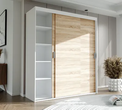 Image de Armoire à trois portes coulissantes STILO 180 cm avec étagères et barres de penderie Armoire penderie blanc Sonoma poignées argentées