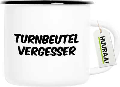 Produktbild von Huuraa Emaille Tasse Turnbeutelvergesser Schriftzug 300ml Vintage Campingbecher Geschenkidee