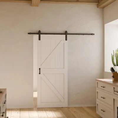 Produktbild von inova Holzschiebetür 90 x 215 cm, Scheunentor Weiß, Komplettset mit schwarzem Beschlag und Softclose, KI-generiertes Bild