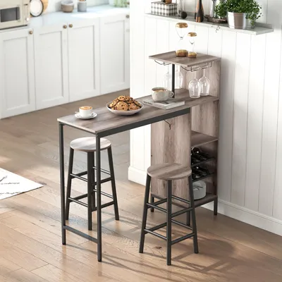 Produktbild von Bartisch-Set 3-tlg. mit Weinregal & Glashalter, Hochtisch mit Stauraum, Barhocker mit Fußstütze, Grau | 121,5 x 40 x 122 cm | MDF & Stahl