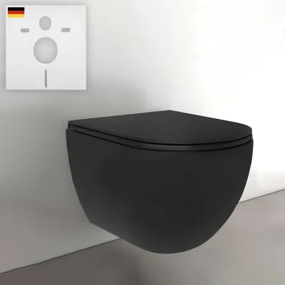 Produktbild von Alpenberger Hänge WC Spülrandlos in Matt Schwarz | Gäste WC Kloschüssel Keramik Toiletten | WC-Sitze Softclose Toilettensitz | Toilettenschüssel mit Schallschutz | Wand WC Set Passend Geberit