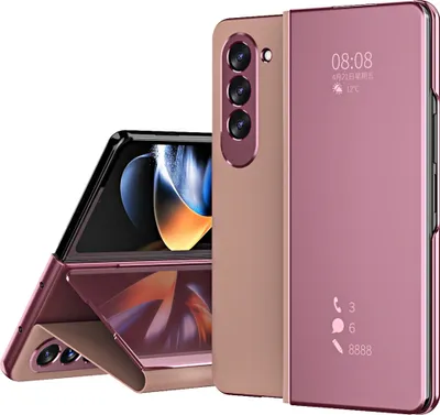 Produktbild von Hülle für Samsung Galaxy Z Fold 5 Lichtdurchlässigen Spiegel Abdeckung, Klappetui Ständer Kunstleder Schutzhülle Roségold