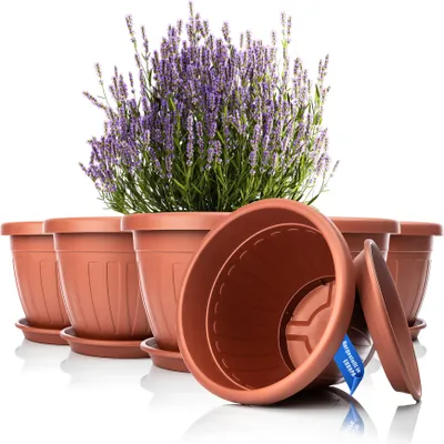 Produktbild von BigDean 6x Blumentopf mit Untersetzer rund ø40xH31 cm terracotta - wetterfester Pflanzkübel - Wasserablauf UV-beständig aus bruchsicherem Kunststoff