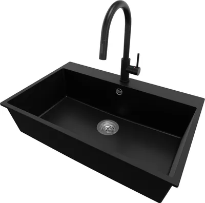 Produktbild von PRIMAGRAN Granitspüle Schwarz 78x50cm, Spülbecken 1 Becken + Küchenarmatur 40x20cm + Ablauf-Set, Küchenspüle ab 80er Unterschrank - Riga