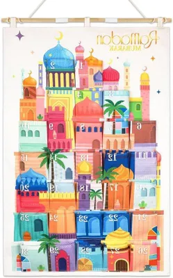 Image de Calendrier de l'Avent réutilisable pour le ramadan avec 30 pochettes | Décoration multicolore pour l'Aïd | Calendrier du ramadan à boutons | 10 x 10 cm - Ramadan Mubarak