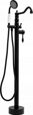 A black freestanding bathtub faucet with a handheld showerhead.