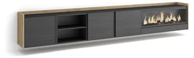 Image de Meuble tv effet bois noir et chêne 315x35x50cm cheminée effet feu XXL
