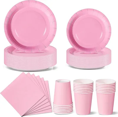 Image de Nkaiso Set de fête rose clair 96 pièces multicolore Assiettes en carton Serviettes Gobelets - Anniversaire enfant Fête de jardin Mariage Célébrations