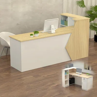 Zdjęcie produktu dla Lada recepcyjna, lada informacyjna, stoisko sprzedażowe, wykonane z drewna, z miejscem do przechowywania, wymiary: 140x60x100 cm, kolor: biały