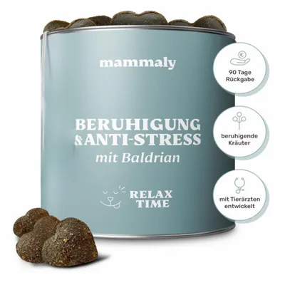 Produktbild von mammaly Beruhigungsmittel für Hunde Relax Time 110 Leckerlis mit Baldrian & Zitronenmelisse Entspannungs- Anti-Stress-Mittel leckere Snacks Seelenruhe