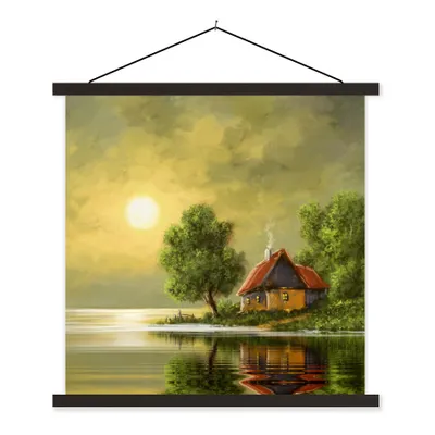 Produktbild von MuchoWow® Textilposter Gemälde - Ölfarbe - Haus - Natur - Wasser 120x120 cm mit schwarzem Rahmen - Aufhängungsset