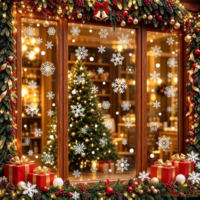 Schneeflocken Fensteraufkleber, 114 Stück, 6 Bögen, weiß, Weihnachtsdeko