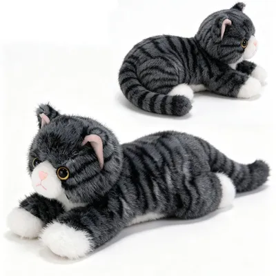 Productafbeelding van Grijze pluche kat, realistische kattenfiguur, ongeveer 30 cm, knuffel voor kinderen