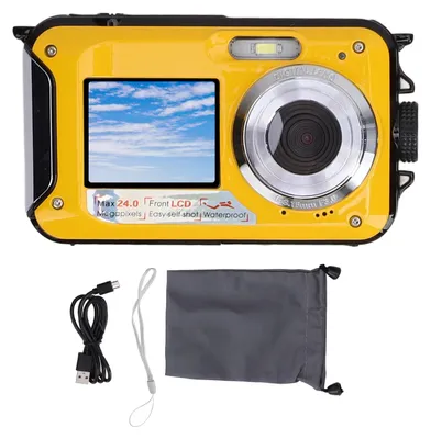 Obrázek produktu pro Podvodní kamera s rozlišením 2,7K a dvěma displeji, 48 MP, 16násobný zoom, hloubka 3,3 m, vodotěsná, kompaktní, digitální, pro šnorchlování a potápění, žlutá