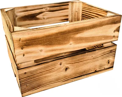 A close-up, studio shot of a wooden crate.