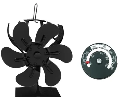 Produktbild von 6-flügeliger Kaminofen-Ventilator aus Aluminium, wärmebetrieben, leise und stromlos für Holz- und Pelletöfen - Mit Thermometer A