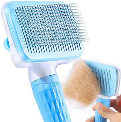 Produktbild von Hundebürste, Haarbürste für Hunde und Katzen, lang und kurz, blauer Bürstenkopf, einhandbetätigt