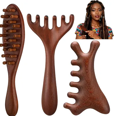 Imagen del producto de Masajeador de cuero cabelludo de madera, juego de 3 unidades, cepillo de masaje para cabello y cuero cabelludo