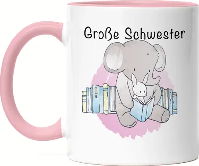 Produktbild von Große Schwester Tasse Rosa Süßes Motiv Elefant Hase Schwangerschaft Geschenkidee Baby-News